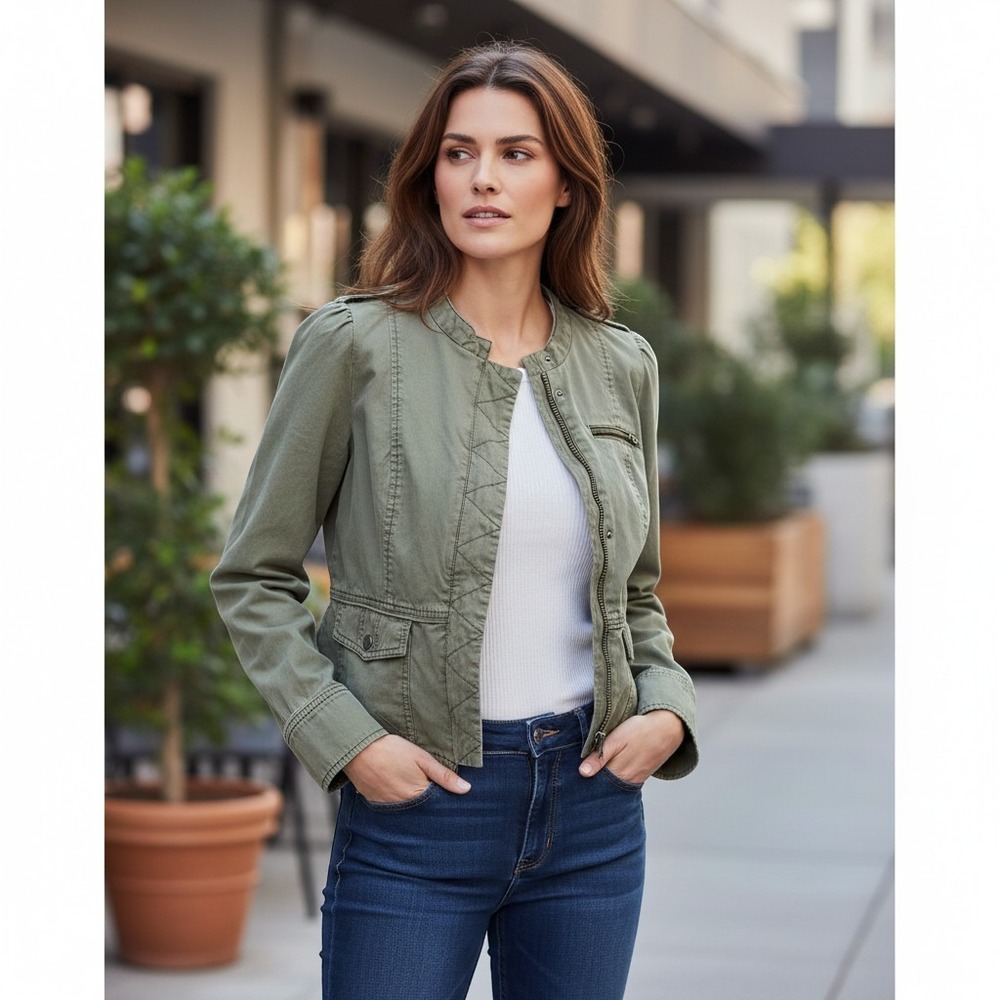 Free People Jacket Womens 6 Green Military‎ Utility Cotton Zip Pockets Casual